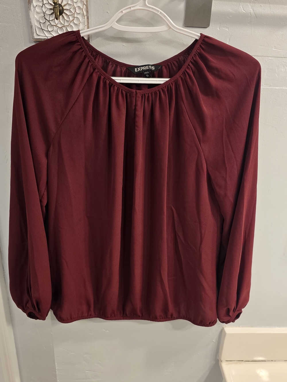 Express Maroon Long-Sleeve Gathered Neck Blouse